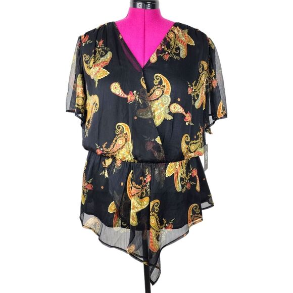 vince camuto Tops - Vince Camuto Asymmetric Blouse Top Paisley Cinch Waist Lined Rich Black Size 2X